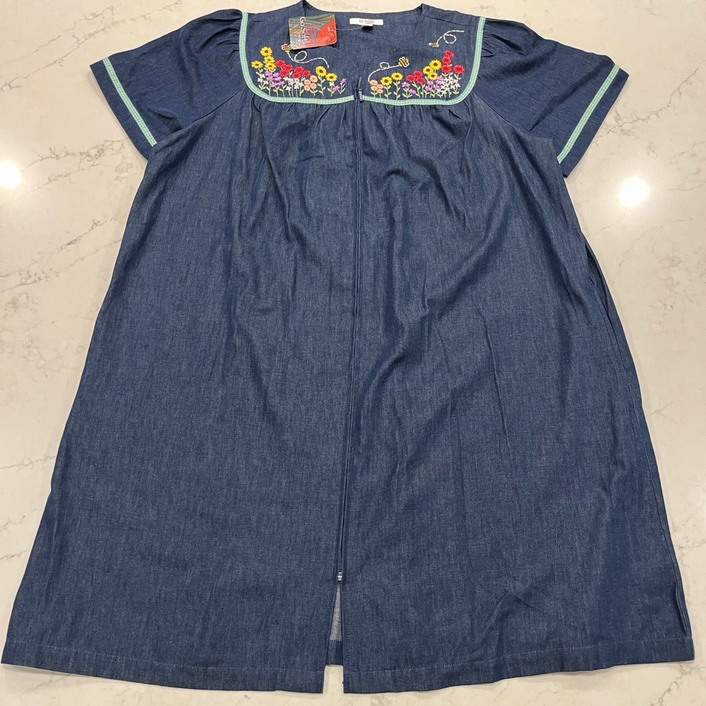 Go Softly NEW Cotton Chambray Patio House Dress XL Muumuu Embroidered Floral Bee